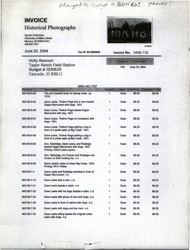 An invoice from the Special Collections sent to Holly Akenson for scans of historical photographs.