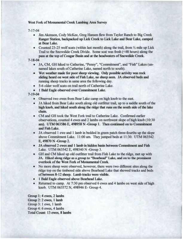 Survey notes for the West Fork of Monumental Creek Lambing Area Survey from July 17th through July 19th, 2004.