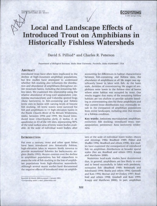 Page one of a copy of "Local and Landscape Effects of Introduced Trout on Amphibians in Historically Fishless Watersheds" by David S. Pilliod and Charles R. Peterson.