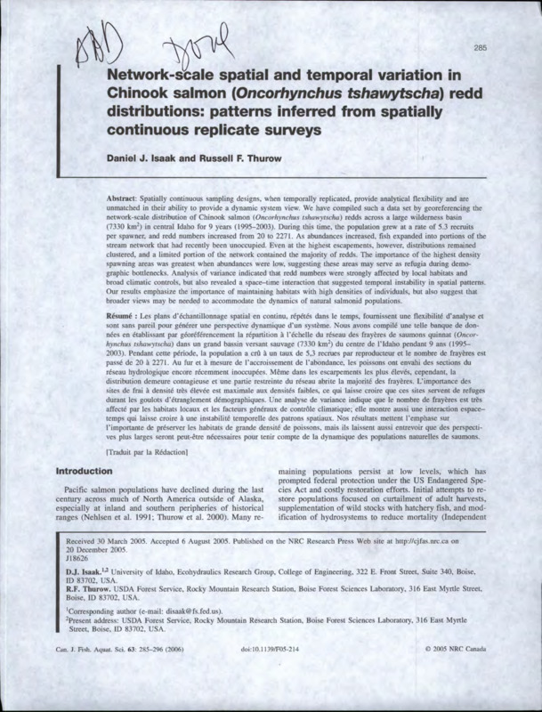 Page one of a copy of "Network-scale spatial and temporal variation in Chinook salmon (Oncorhynchus tshawytscha) redd distributions: patterns inferred from spatially continuous replicate surveys" by Daniel J. Isaak and Russell F. Thurow.