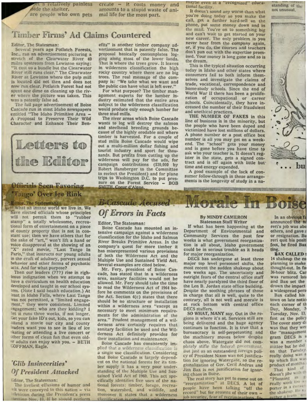 A collection of newspaper clippings, including "Timber Firms' Ad Claims Countered," "Letters to the Editor," "Morale in Boise," and "Retain the Wilderness."