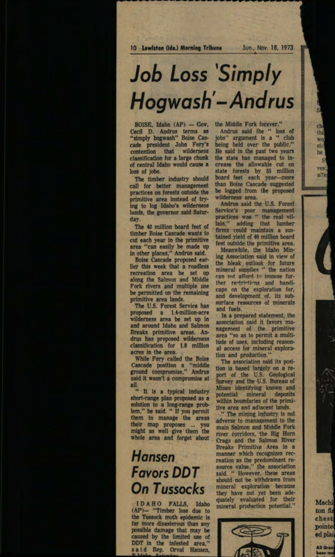 A clipping of the article "Job Loss 'Simply Hogwash'- Andrus" published in the November 18, 1973 issue of the Lewiston Morning Tribune.