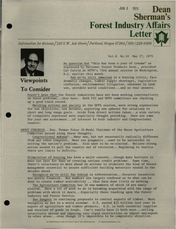 A copy of Dean Sherman's Forest Industry Affairs Letter "Viewpoints to Consider."