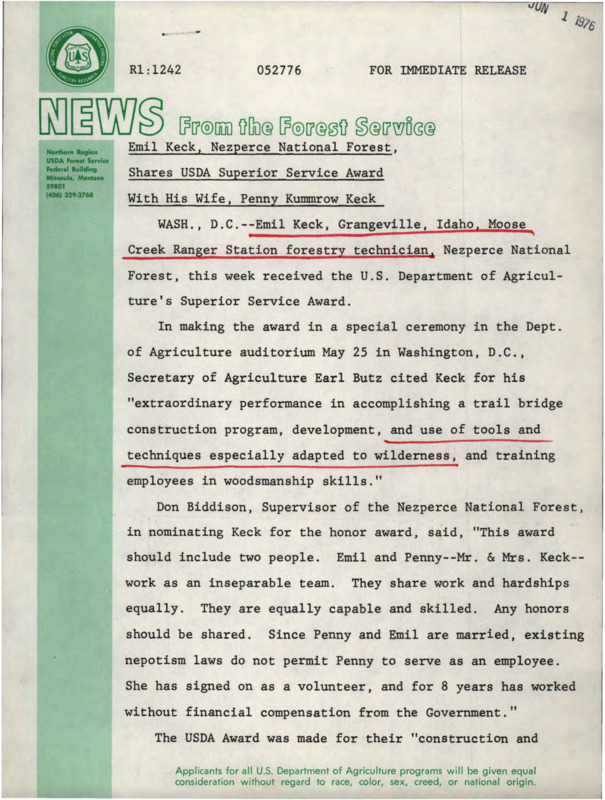 News release "Emil Keck, Nez Perce National Forest, shares USDA Superior Service Award with his wife, Penny Kummrow Keck."