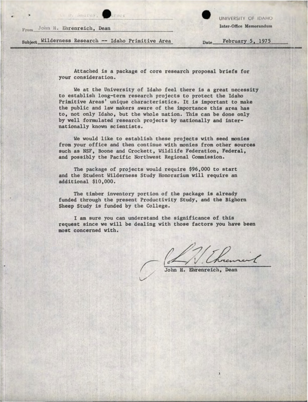 A memorandum from John H. Enrenreich about a research proposal, a note from the Wilderness Research Center to the Office of the Governor of the State of Idaho about a research project, a financial statement, and a cultural resource inventory of the Idaho Primitive Area.