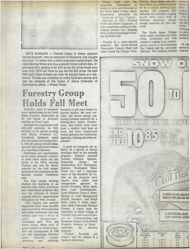 Several newspaper clippings, including "Forestry Group Holds Fall Meet," "Forest reorganization said 'back on track,'" "Funeral for A. Danielson is Saturday," "Boisean Resents B-Cascade's Threats," "Letters," "Cattlemen Ponder Suit Threatening Range Land," "Ada Plans Collection of Leaves," "Forester Raps Classification," "Commission Invites Solons," "Timber companies aid Nature too," "Perils of gas rationing," and "Speaking Out."