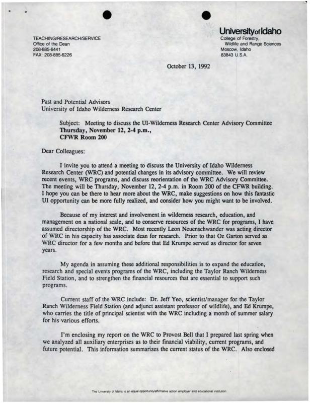 A letter from John C. Hendee to Past and Potential Advisors of the UI Wilderness Research Center about potential changes in the advisory committee, a proposed agenda for the Wilderness Research Center Advisory Committee and Nominees meeting for November 12, and a list of past and potential members of the Wilderness Research Center Advisory Committee.