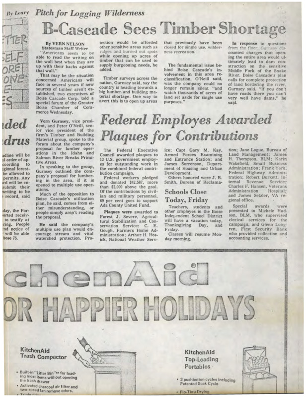 Several newspaper clippings, including "B-Cascade Sees Timber Shortage," "Federal Employees Awarded Plaques for Contributions," "Letters to the Editor," and "B-Cascade Wants Change In Hells Canyon Proposal."