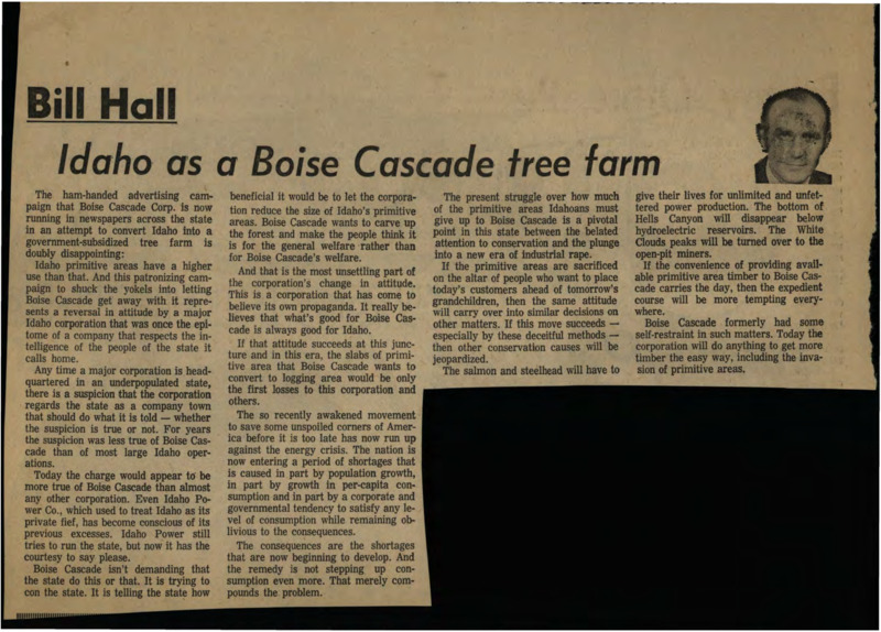 A newspaper clipping of "Idaho as a Boise Cascade tree farm" by Bill Hall.