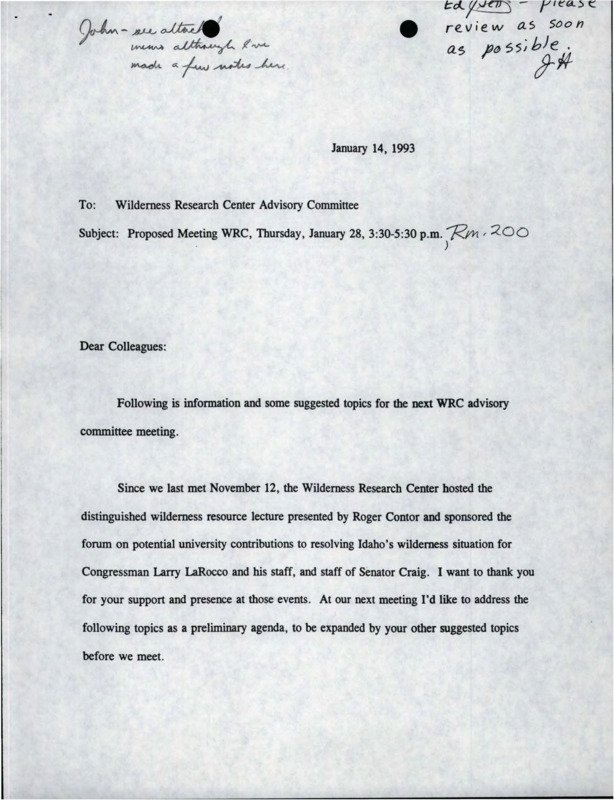 A letter to Wilderness Research Center Advisory Committee about a proposed meeting.