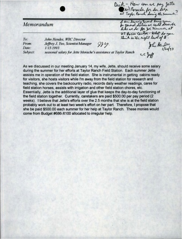 A memorandum from Jeffrey J. Yeo to John Hendee about Jette Morache's salary.