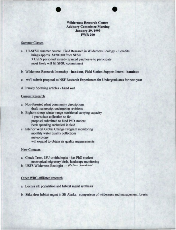 Notes from the Wilderness Research Center Advisory Committee Meeting for January 29, 1993.