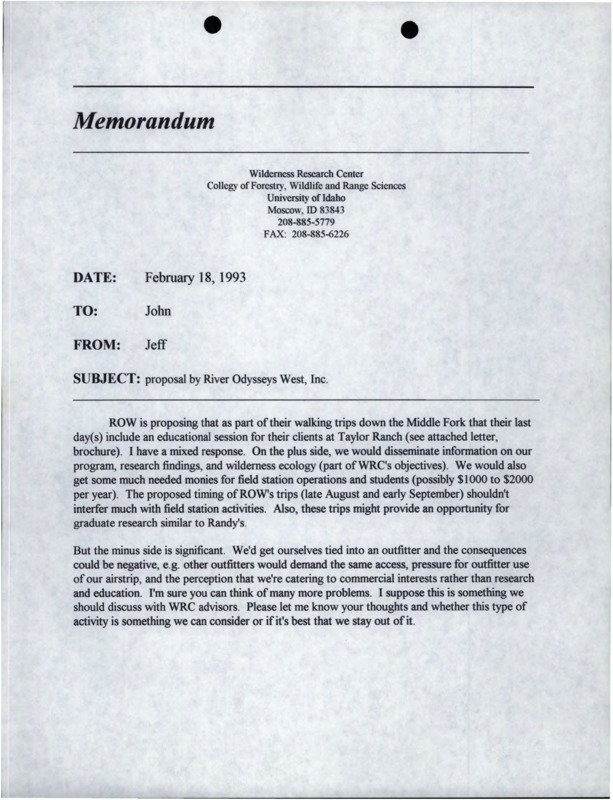 A memorandum from Jeff to John about a proposal by River Odysseys West, Inc.