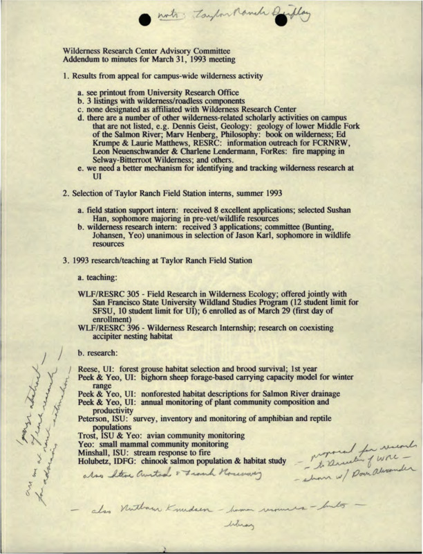 An addendum to minutes for the Wilderness Research Center Advisory Committee meeting for March 31, 1993.