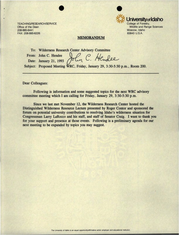 A memorandum from John C. Hendee to Wilderness Research Center Advisory Committee about a proposed meeting, and a draft agenda for the Wilderness Research Center Advisory Committee meeting for January 29, 1993.