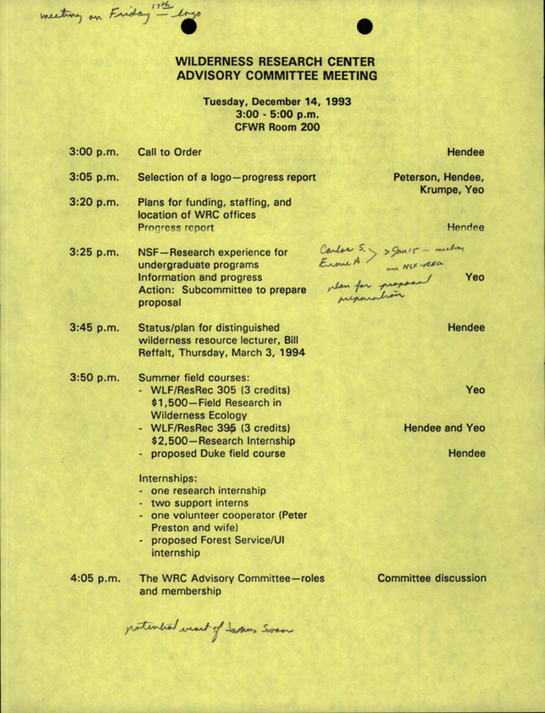 An agenda for the Wilderness Research Center Advisory Committee meeting for December 14, 1993.