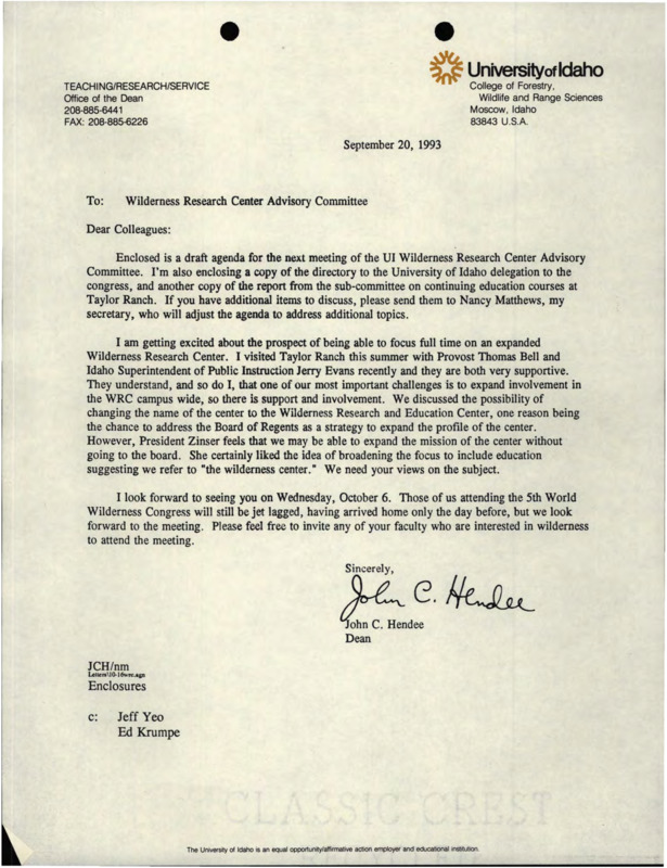 A letter from John C. Hendee to Wilderness Research Center Advisory Committee about a draft agenda, and a copy of the agenda for the Wilderness Research Advisory Committee meeting for October 6.