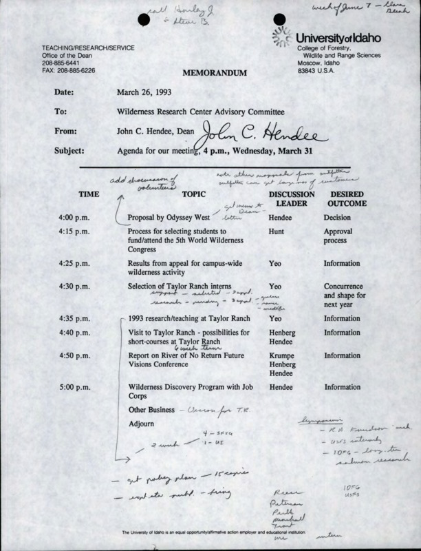 A memorandum from John C. Hendee to Wilderness Research Center Advisory Committee about the agenda for the March 31 meeting.