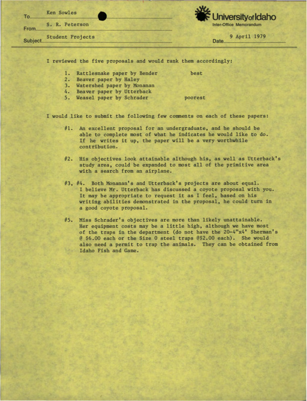 A memorandum from S.R. Peterson to Ken Sowles about student projects.