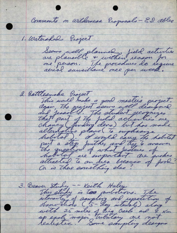 Handwritten comments on Wilderness Proposals written by E.D. Ables.