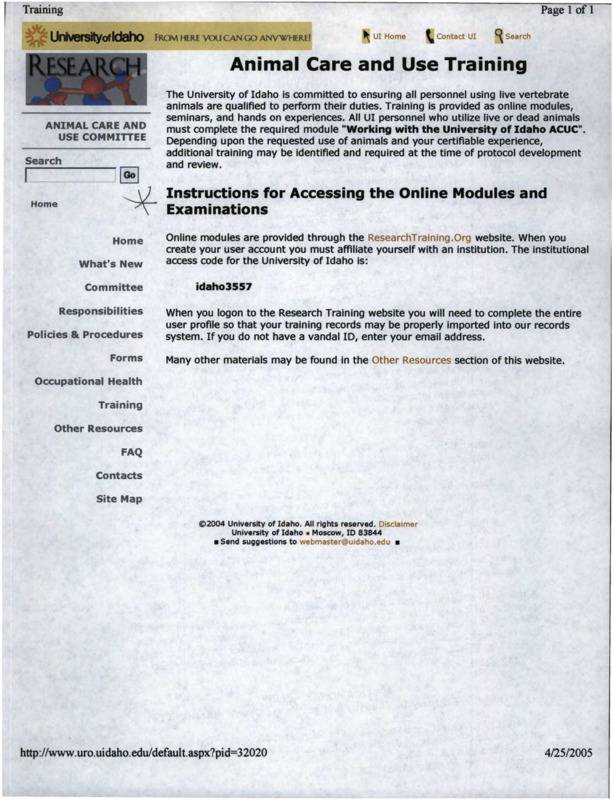 A printed website page about Animal Care and Use Training, information about the Bleak Taylor Ranch Wilderness Internship for Summer 2005, a printed website page about the Taylor Ranch Wilderness Field Station Internships, instructions for animal subjects approval, information about animal use classification, handwritten notes from the February 16, 2005 ACUC meeting, information on questions for the animal care and use committee, printed emails from Brad Williams to Taylor Ranch and the reply (all about ACUC), a printed email from Holly Gates-Mayer to Taylor Ranch about biosafety, an email from "campusvet" to Taylor Ranch about protocol, a printed website page about investigator responsibilities, and a printed website page about ACUC procedures.