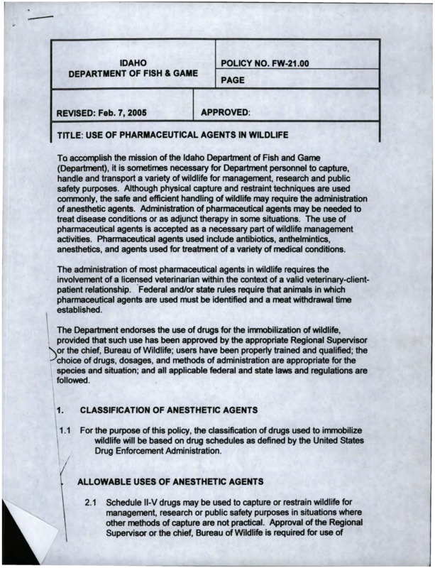 A copy of a document about use of pharmaceutical agents in wildlife, revised February 7, 2005.