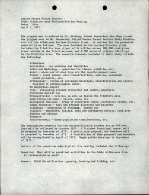 Idaho Primitive Area Reclassification Hearing