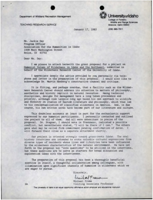 A letter from Michael Frome to Jackie Day sending a grant proposal titled "Humanist Values of Wilderness in Idaho and the Northwest."