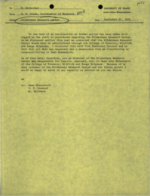 Letter from R.W. Stark, Coordinator of Research to Maurice Hornocker