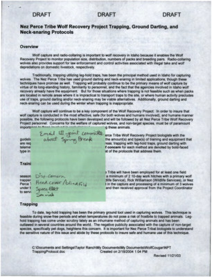 Nez Perce Tribe Wolf Recovery Project Trapping, Ground Darting, and Neck-snaring Protocols