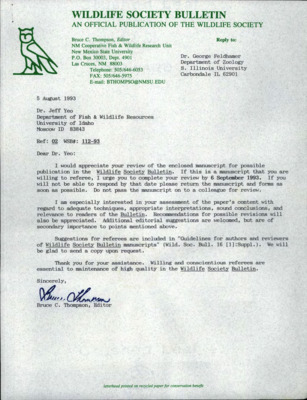 Letter Discussing Possible Publication in Wildlife Society Bulletin