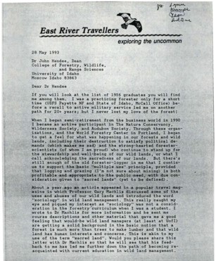 Letter regarding changing forest management in the Frank and volunteer assistance to the university's role in management of the Frank biosphere