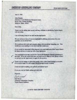 Letter from Deb Wood to John C. Hendee proposing that the American Adrenaline Company - Taylor Ranch Outfitters provide stock, wrangling, caretaking, and irrigating of Taylor Ranch instead of hiring caretakers.