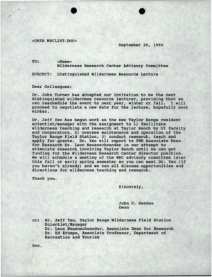 Letter to Wilderness Research Center Advisory Committee from John C. Hendee