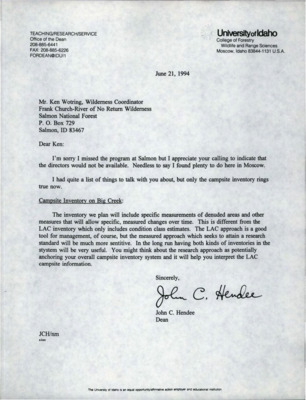 Letter from John C. Hendee to Ken Wotring, Wilderness Coordinator