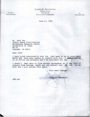 Letter from James R. Bennetts to Jeff Yeo about finding a horseshoer.