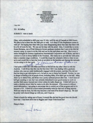 Letter from James M. Peek to Jeff Yeo about visiting the ranch.
