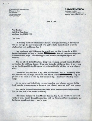 Letter from John C. Hendee to Peter Preston about the Big Creek campsite inventory project.