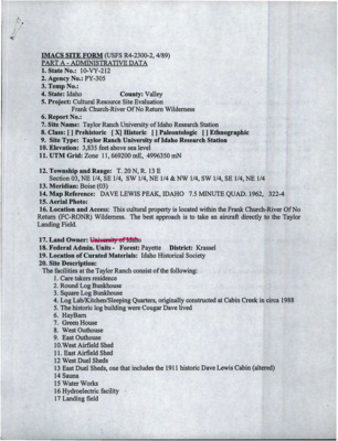 An Intermountain Antiquities Computer System (IMACS) site form for a historic building found on Taylor Ranch property.