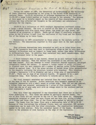 A paper presented at an academic conference reporting archaeological excavations done in 1984 on the River of No Return Wilderness Area, Idaho.