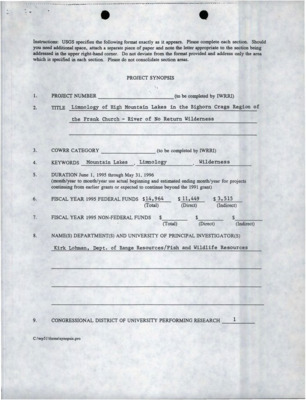 A grant proposal for researching the limnology of high mountain lakes in the River of No Return Wilderness, Idaho.