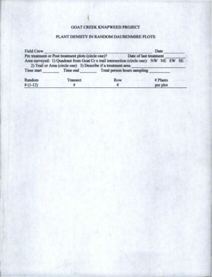 Multiple filled forms for information regarding plant density in random Daubenmire plots for the Goat Creek knapweed project, as well as additional notes.