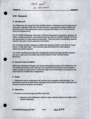 FC-RONRW Management Plan Chapter 2: XVII. Research