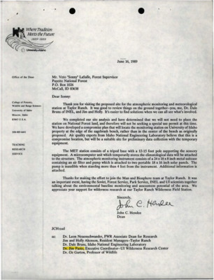 A letter from John C. Hendee to Veto "Sonny" LaSalle about air quality and a copy of a decision about the Taylor Ranch Portable Atmospheric Monitoring and Meteorological Station.