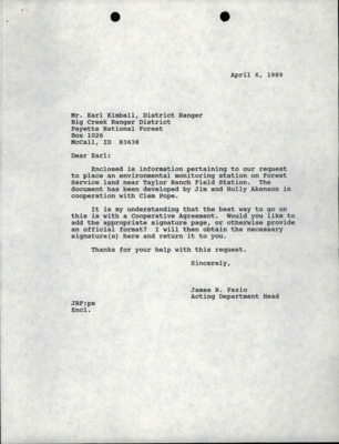 Correspondence between Earl Kimball and James R. Fazio; Taylor Ranch Atmospheric Monitoring and Meteorological Station