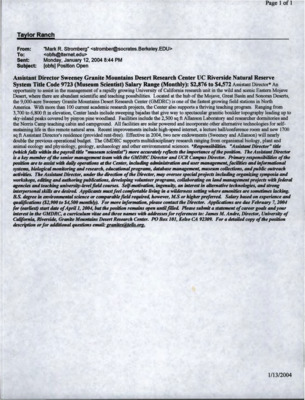 An email from Mark R. Stromberg to Iowa Lakeside Laboratory about a job opening for Assistant Director of Sweeney Granite Mountains Desert Research Center UC Riverside Natural Reserve System.