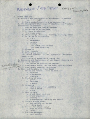 A copy of the Wilderness Field Studies course outline for summer 1987, a letter from Sid Eder to Dr. Krumpe about including Wilderness Management Field Studies in the 1987 summer bulletin, and a sample copy of the description for "BASIC for Educators Ed 403/503" in a bulletin.