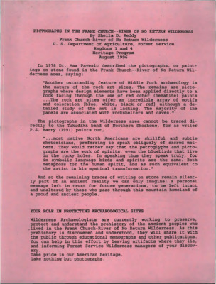 A copy of "Pictographs in the Frank Church - River of No Return Wilderness" written by Sheila D. Reddy.