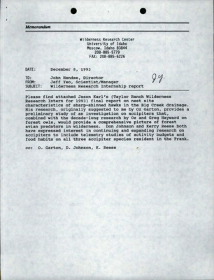 Memorandum from Jeff Yeo to John Hendee; Nest Site Characteristics of Sharp-shinned Hawks in the Frank Church-River of No Return Wilderness