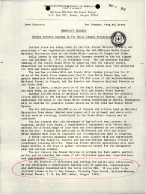 A copy of the news release "Forest Service Gearing Up For Hells Canyon Protection" sent to John H. Enrenreich.